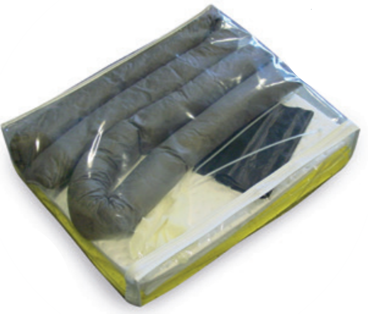 1 spill kit = 10 olieabsorberende pads, 10 chemische absorptiepads, 2 olie/water absorptieslangen, vuilniszakken en handschoenen